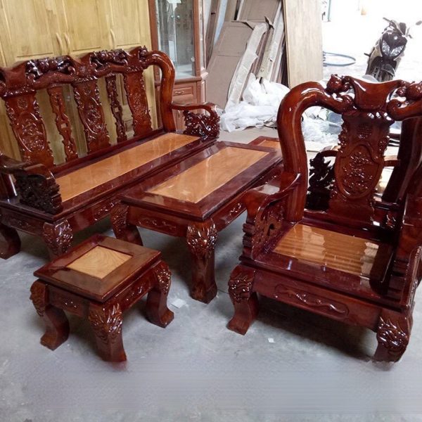 Bộ salon gỗ tay 12 tràm chạm mặt gõ đỏ đỉnh rồng
