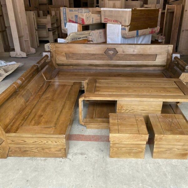 Bộ salon gỗ sồi góc kim cương màu ốc chó mới 99%