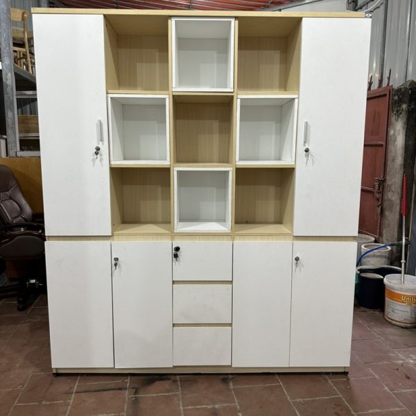 Tủ hồ sơ cũ 1m8x2m2 gỗ MDF màu trắng mới 98%
