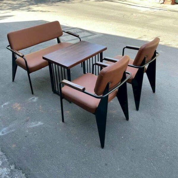 Bộ bàn ghế cafe sofa phòng lạnh chân sắt bọc da