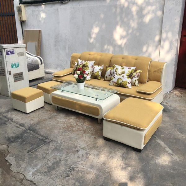 Bộ sofa góc L bọc nỉ màu vàng cao cấp mới 99%