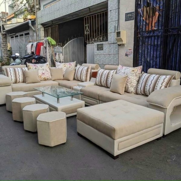 Bộ sofa góc L màu kem gia đình cao cấp mới