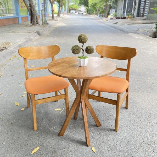Bộ bàn ghế cafe gỗ nệm màu cam mới 98%