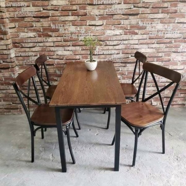 Bộ bàn ăn chân sắt chữ X mặt gỗ tự nhiên