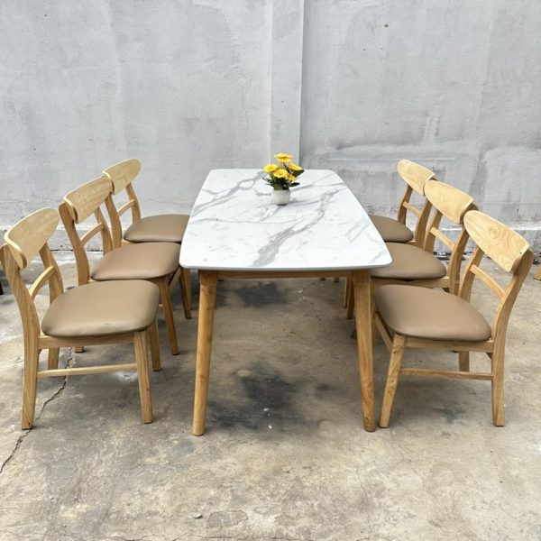 Bộ bàn ăn 6 ghế măngô bàn vân đá mới 100%
