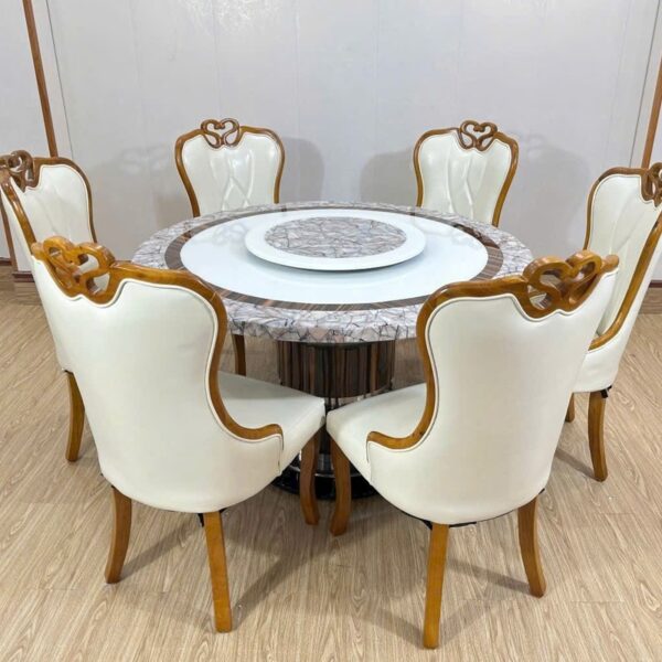 Bộ bàn ăn tròn gia đình 6 ghế bọc da cao cấp