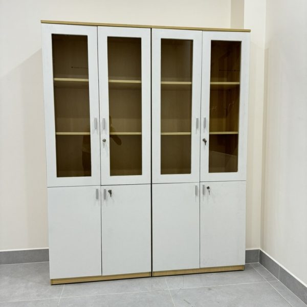 Tủ hồ sơ văn phòng 4 cánh 1m6*2m MDF có kính mới 99%
