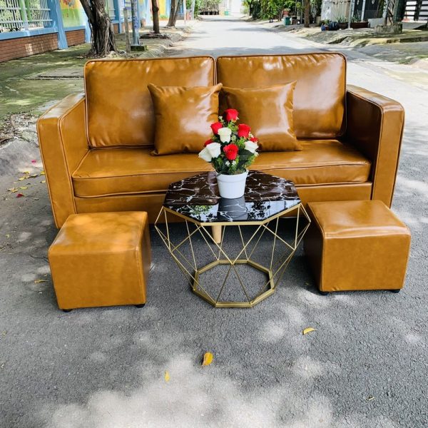 Bộ sofa bọc da màu vàng chân gỗ mới 100%