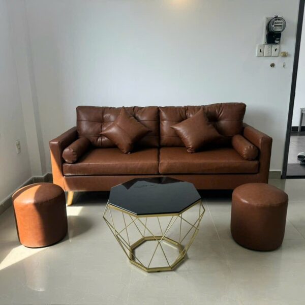 Bộ sofa kèm bàn bọc da màu nâu mới 99%