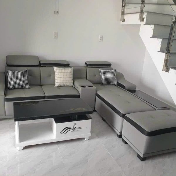 Bộ sofa góc L gia đình bọc da màu xám mới 100%