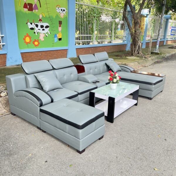 Bộ sofa gia đình góc L ốp gỗ bọc da cao cấp mới 100%