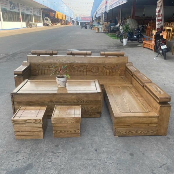 Thanh lý bộ salon góc L gỗ sồi màu ốc chó tồn kho