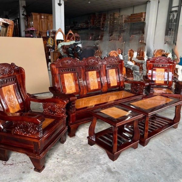 Bộ salon gỗ tràm thùng 5 món mới 100%