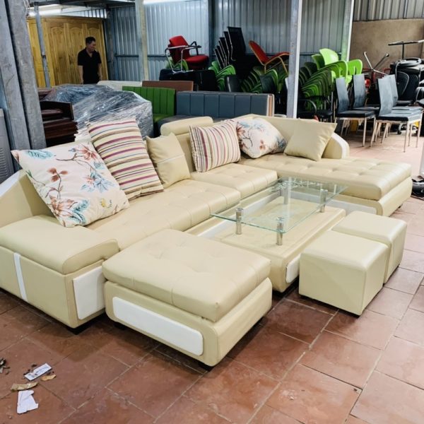 Bộ sofa gia đình góc L bọc da màu kem SF008