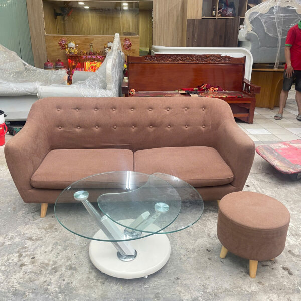 Thanh lý bộ sofa cũ màu nâu kèm bàn kính xoay