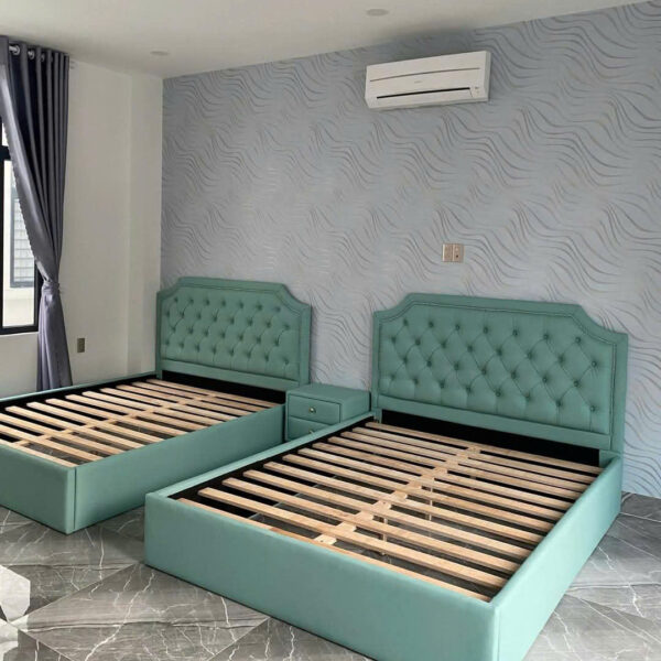 Giường bọc vải màu xanh cốm 1m6 x 2m giá xưởng