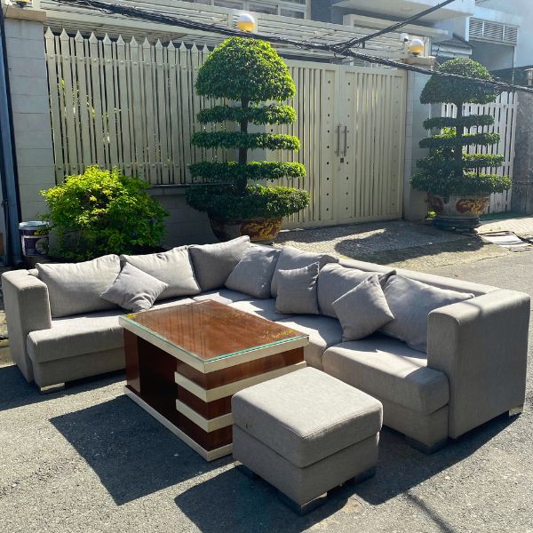 Thanh lý Bộ ghế sofa góc L bọc vải cũ màu xám