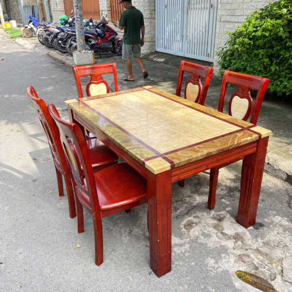 Bộ bàn ăn cũ mặt đá gỗ tự nhiên 5 ghế