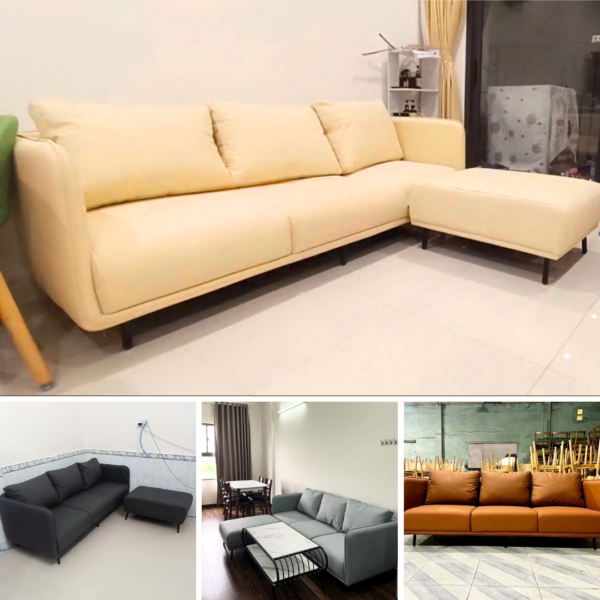 Bộ ghế sofa tiếp khách chữ L bọc da hiện đại