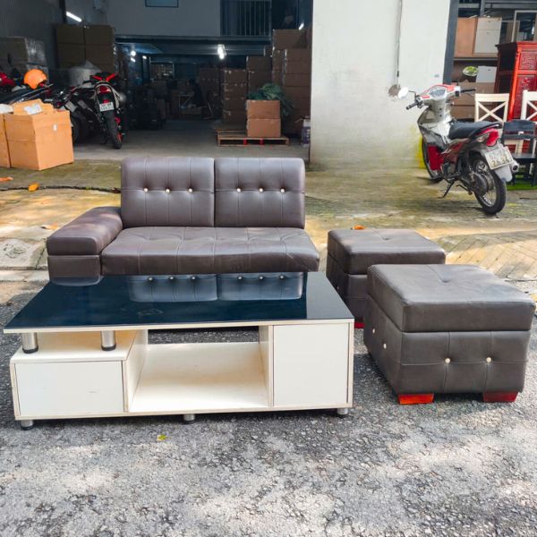 Thanh lý bộ ghế sofa da chữ L kèm bàn