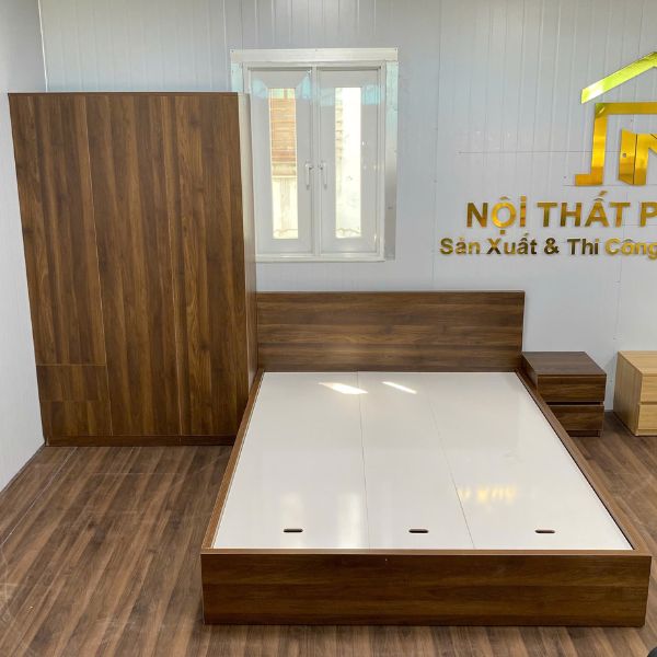 Combo giường tủ áo gỗ MDF màu nâu hiện đại, giao nhanh