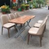 Bàn ăn gỗ me tây dày 5cm chân sắt gấp gọn mới 90%